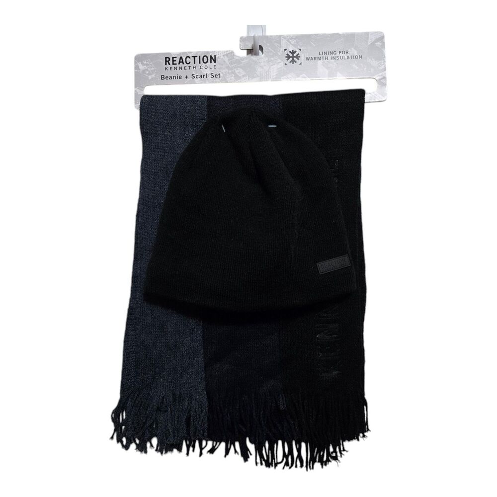 KENNETH COLE REACTION Mens Scarf and Beanie Set Navy Navy Blue Black NEW